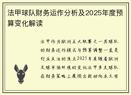 法甲球队财务运作分析及2025年度预算变化解读